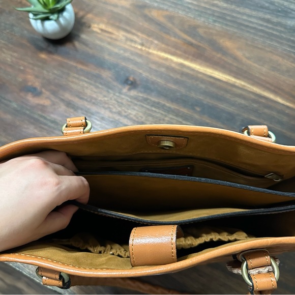 Adeline Cognac Tan Brown Gold Tooled Cutout Leather Satchel shoulder tote bag - Picture 8 of 16